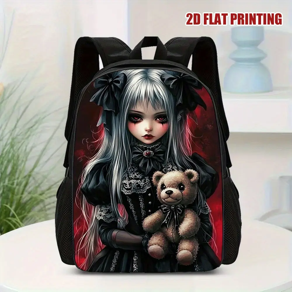 Halloween Gothic Style Backpack for Girls and Adults - Large Capacity Lightweight Backpack with Adjustable Shoulder Straps, Washable Zippers, and 2D Flat Print, Suitable for Teens and Young Adults bookbag