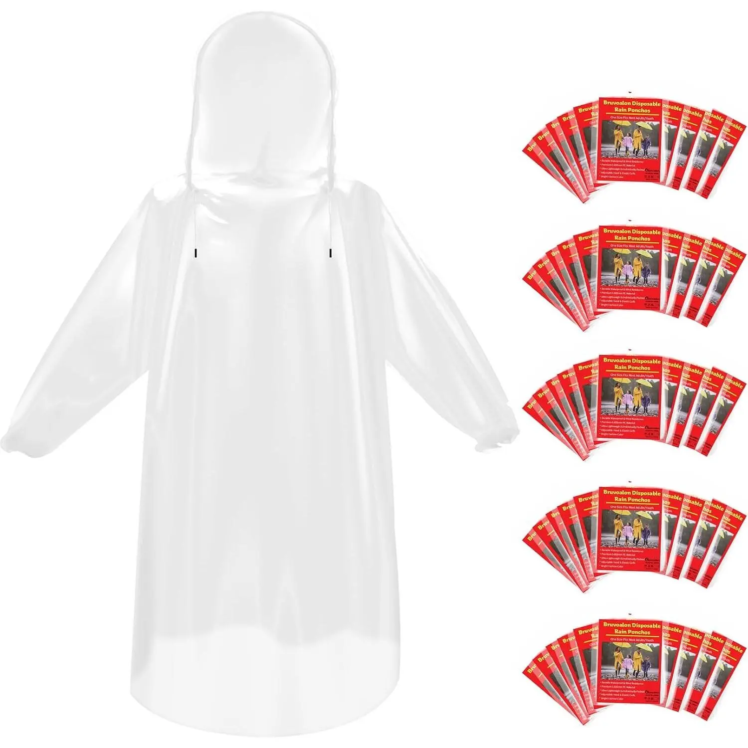 6/20/50 Pack Disposable Rain Ponchos for Adults/Youth – Waterproof PE Raincoats with Drawstring – Lightweight Compact for Camping Emergency Travel OutdoorGift
