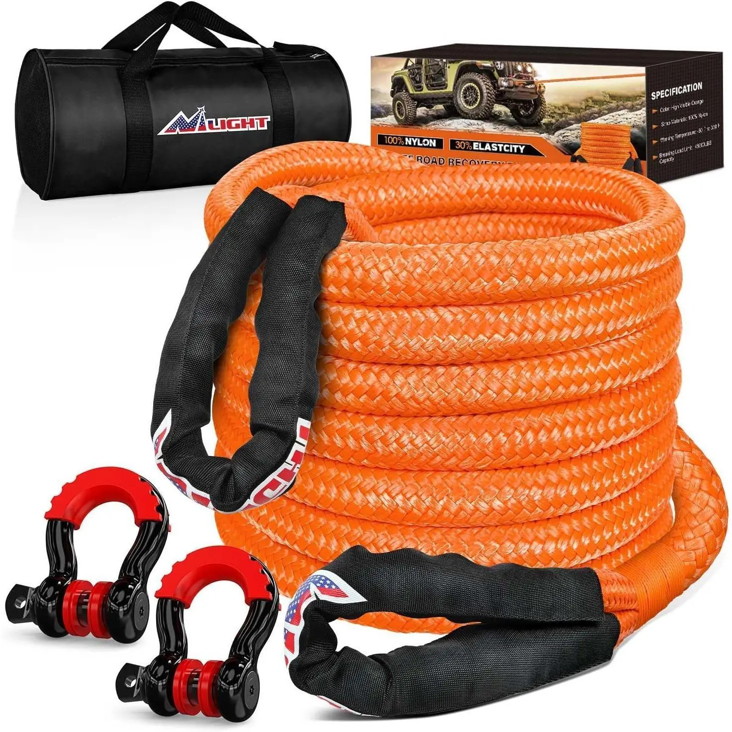 Nilight Kinetic Recovery Tow Rope Kit with 3/4 Inch Anti-Theft D-Ring Shackles 1 Inch x 30ft Heavy Duty Offroad Tow Rope Snatch Strap Towing Strap kit 48,000LBS for UTV ATV SUV Truck Car Jeep Tractor