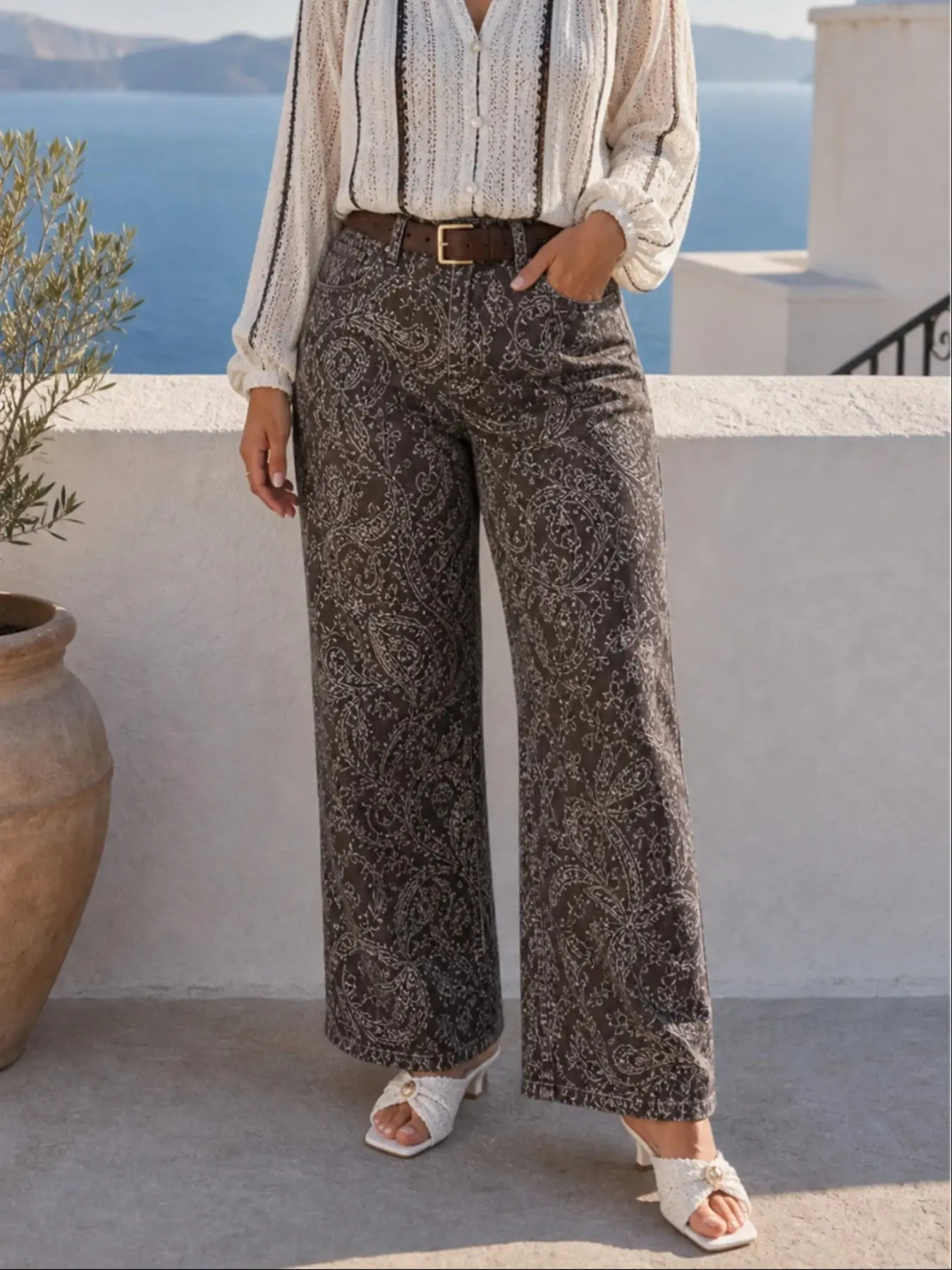 Plus Size Retro Paisley Print High Waist Wide Leg Jeans, Bohemian Loose Fit Casual Denim Jeans, Comfortable and Stylish Long Trousers
