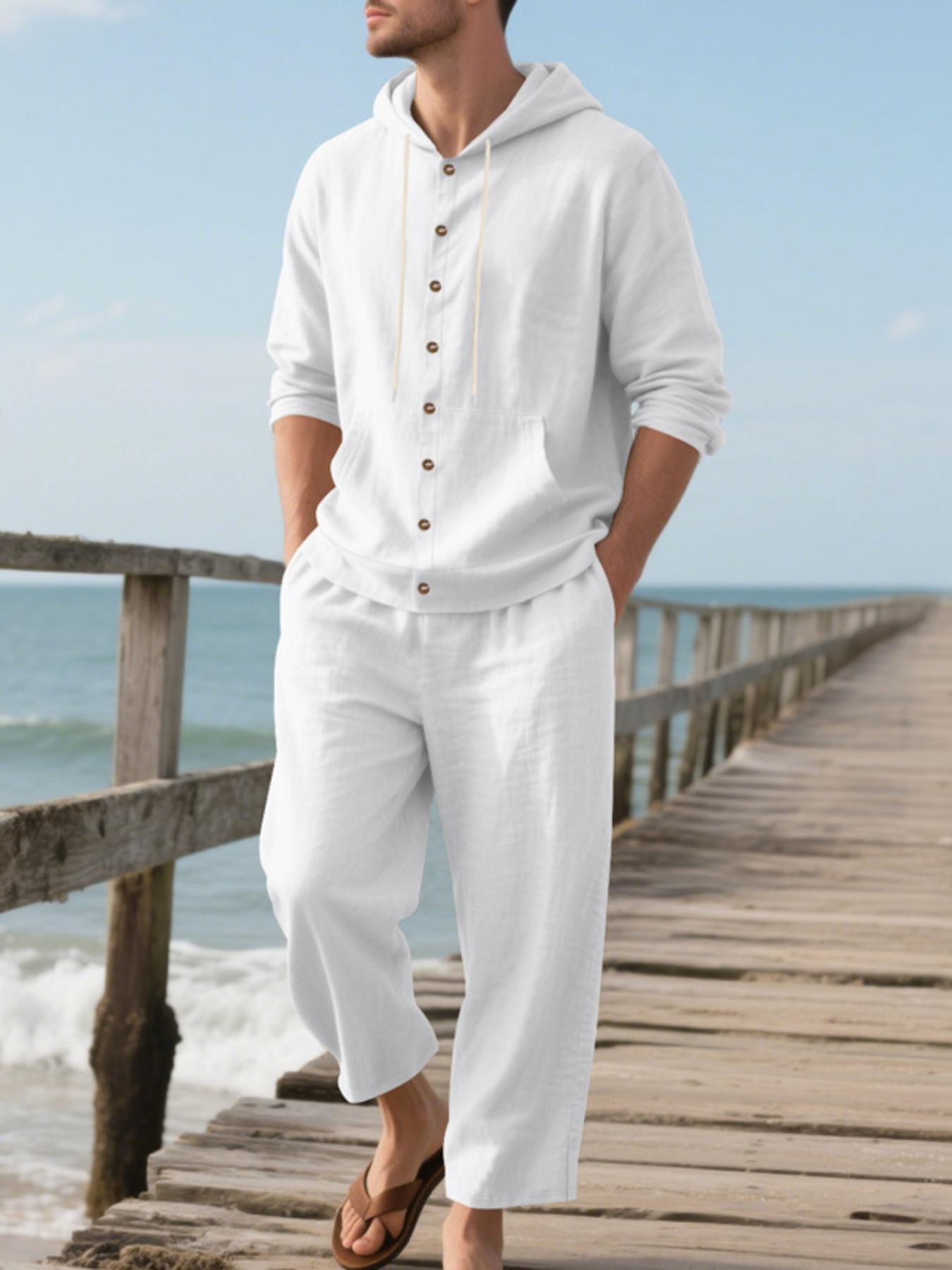 Men's Solid Button Design Long Sleeve Hooded Top & Pants Two-Piece Set, Loose Casual Comfy Breathable Two-piece Outfits for Spring & Fall, Men's Clothes for Daily Wear