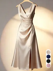 Champagne Color V-Neck Midi Dress, Elegant Satin Split Design, High-Waisted Slim Fit, Summer New Arrival, Office & Date Wear