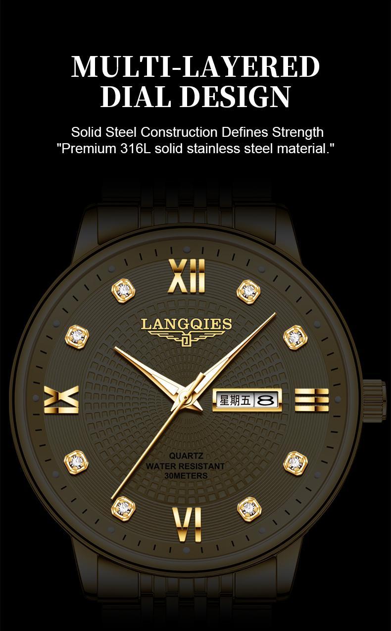 LANGQIES Elegant Multi-Function Men's Watch with Original Swiss Movement, featuring Dual Calendar, 42mm Dial, Sapphire Crystal, Stainless Steel Band, and Luminous Water-Resistant Design.