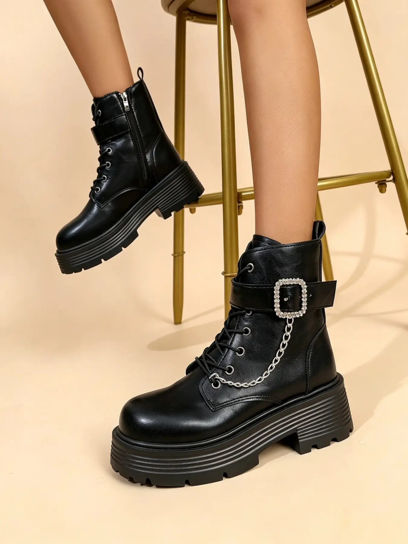 Women's Shoes Vintage Chain Rhinestone Buckle Platform Martin Boots, Lace Up Side Zipper Non Slip Thick Sole Ankle Combat Boots For Daily Street Outfits
