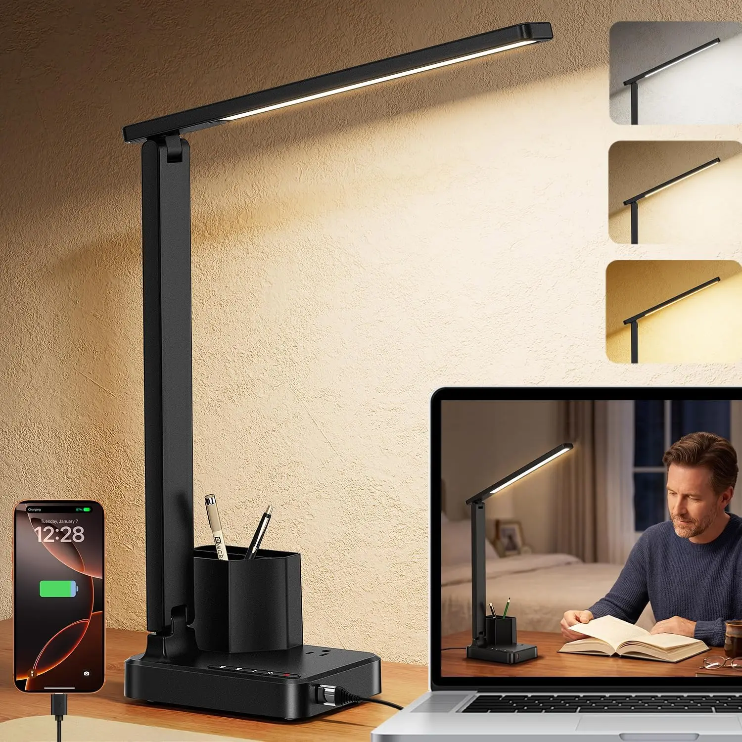 Adjustable LED Desk Lamp for Home Office & Crafting, Dimmable Eye Care Desk Light with USB-C Port, Outlet, Pen Holder, Touch/Memory/Timer, 5-ft Power Cord, Small Table Lamp for Reading, Bedroom
