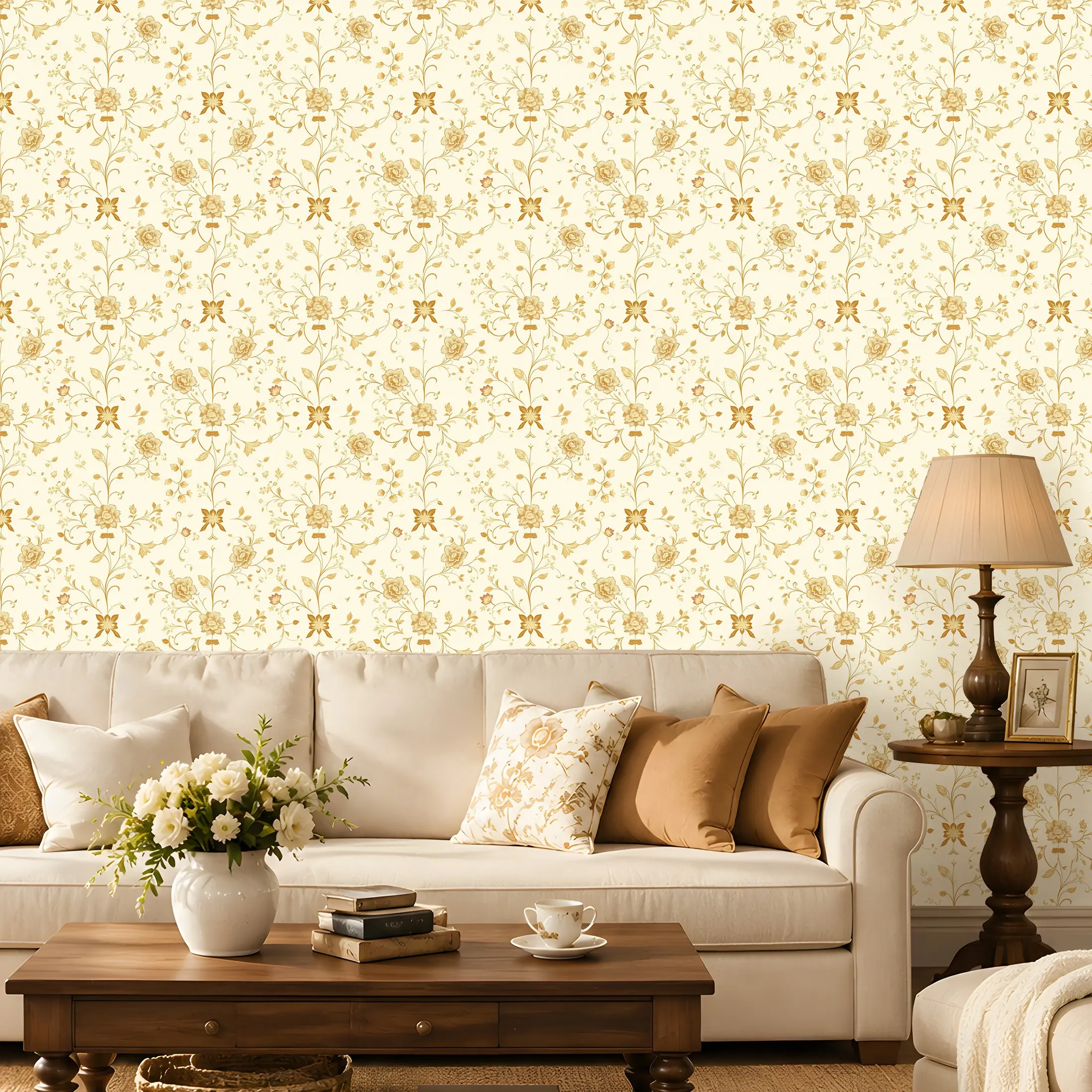 Vintage Floral Self-Adhesive Wallpaper Waterproof Thickened Cream & Gold Flower Pattern Peel and Stick Wall Paper for Bedroom Living Room Furniture Makeover DIY Easy Cut