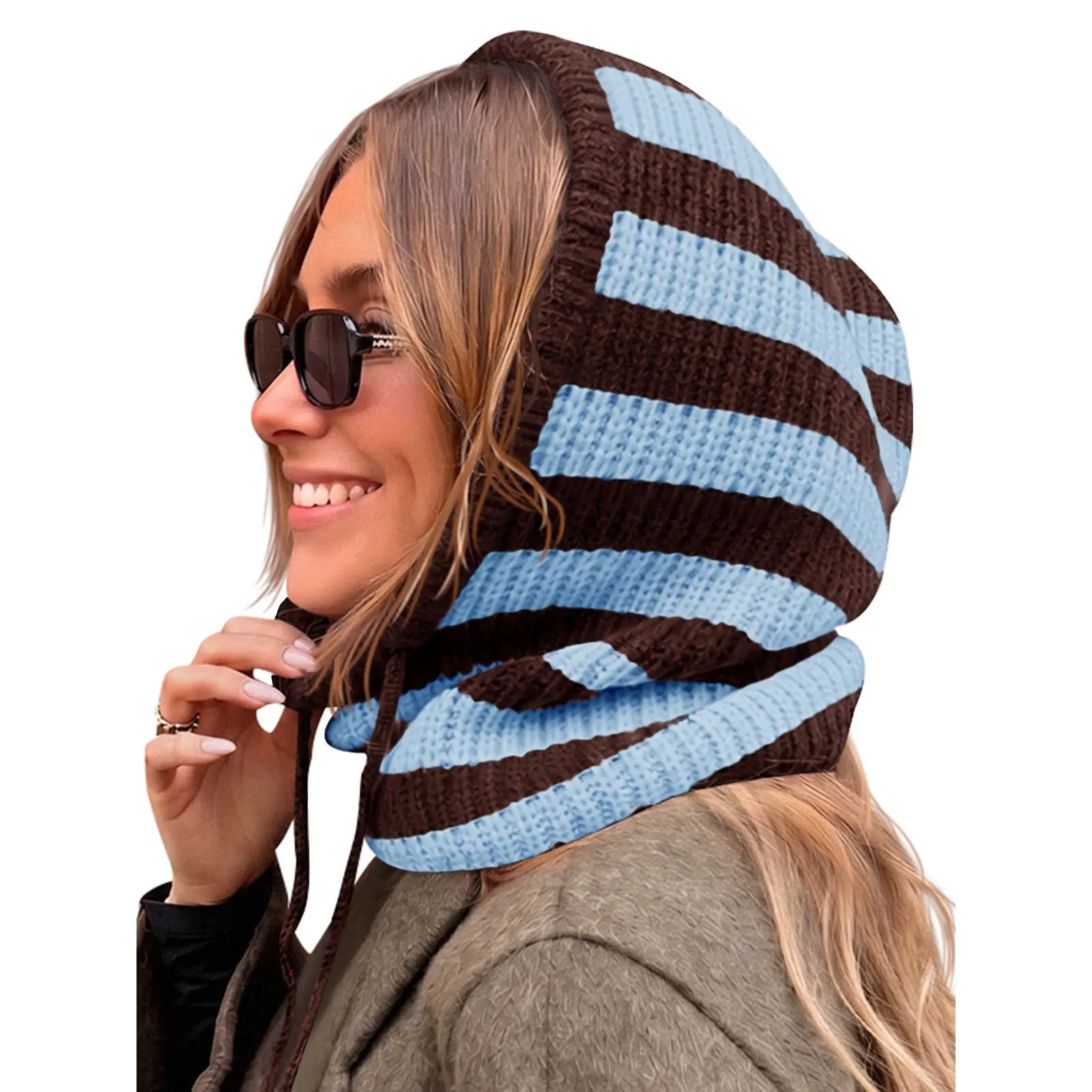Saodimallsu Women's Striped Color Block Ribbed Knit Balaclava Beanie - Adjustable, Casual, Outdoor Face Cover, Winter Warmth Hooded Scarf Hat with Drawstring