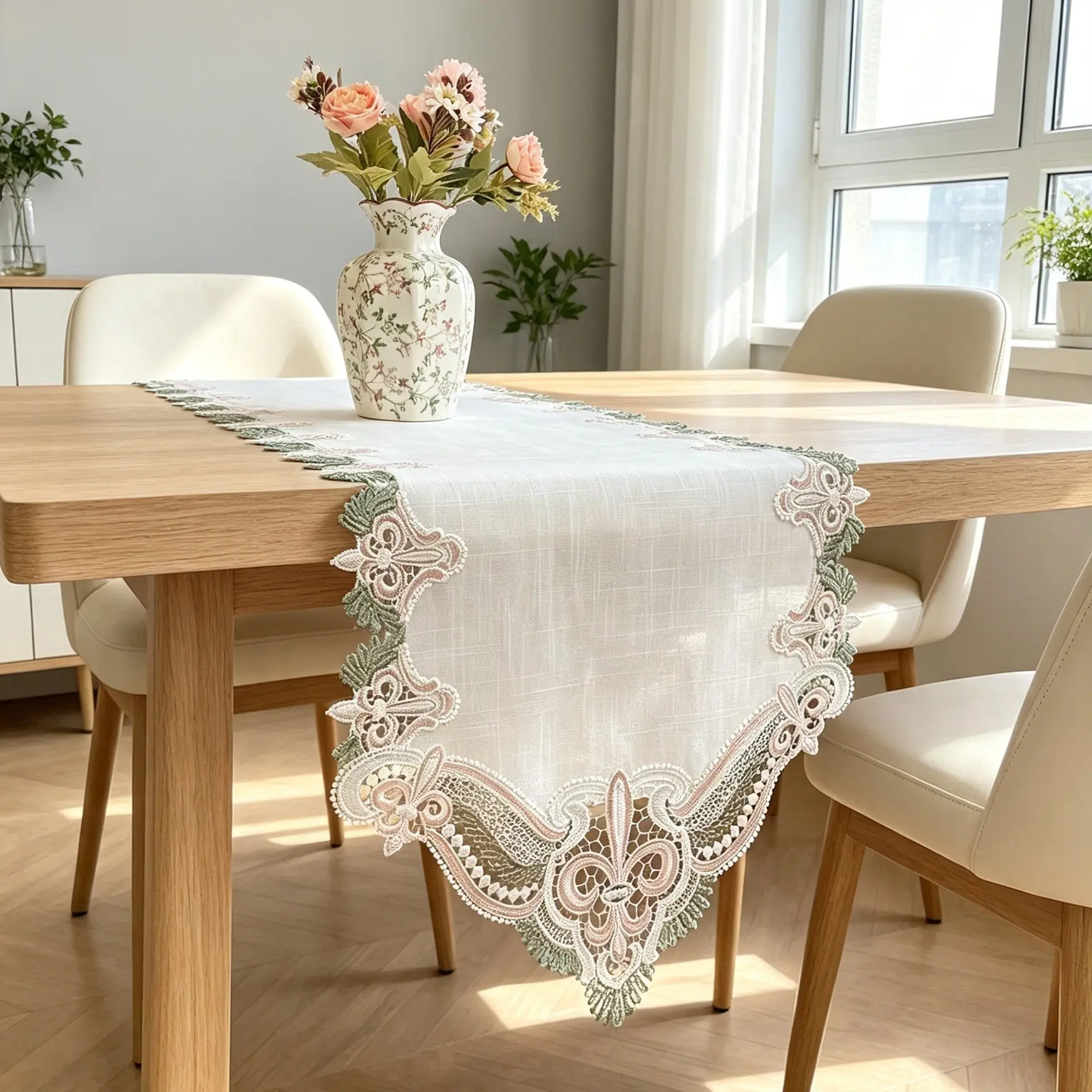 French Lace Embroidered Table Runner, Luxurious Thick Fabric Dining Table Decor, Vintage Cutout Edge Coffee Table Mat, Entryway Tablecloth