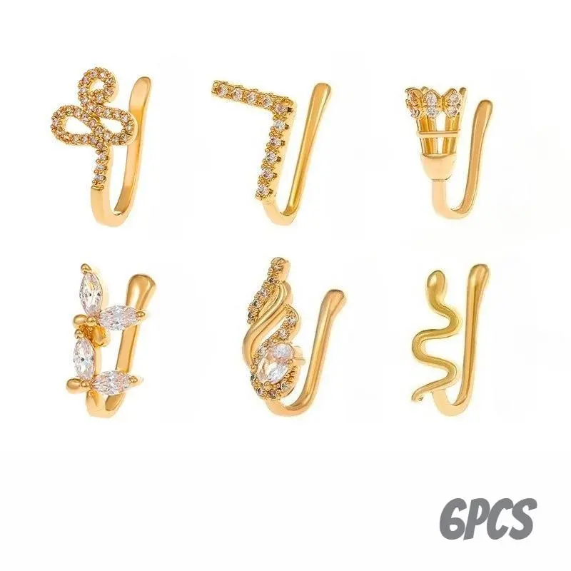 Female 6PCS Non-Piercing Copper Cubic Zirconia U-Shaped Nose Cuff Set - Star, Heart, Crown Clip-On Body Jewelry, 1g Ultra-Light Hypoallergenic No-Hole Fake Nose Rings for Casual Daily Wear