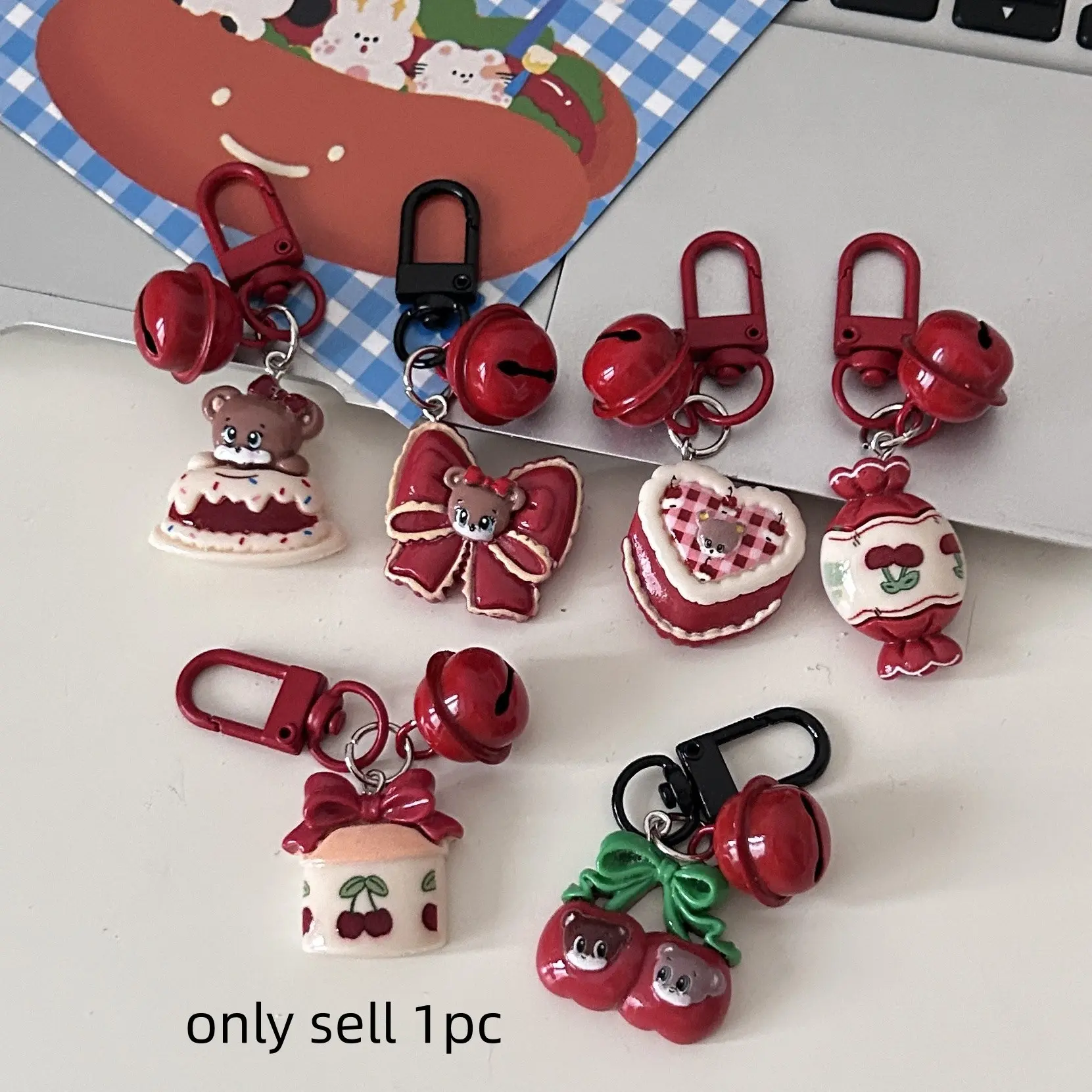 Vintage Raspberry Cartoon Keychain, Cute Bear Cake Cherry Bell Charm, Couple Friend Soft Adorable Accessory, Christmas Halloween Gift