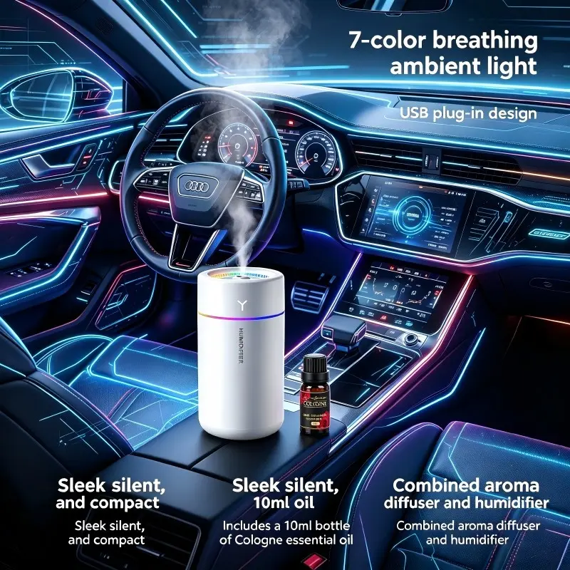 Car Air Freshener Humidifier, Car Scent Diffuser with 7 Color Ambient Light, USB Powered, Add Essential Oils, Perfect Gift for Car, RV, Bedroom, Office