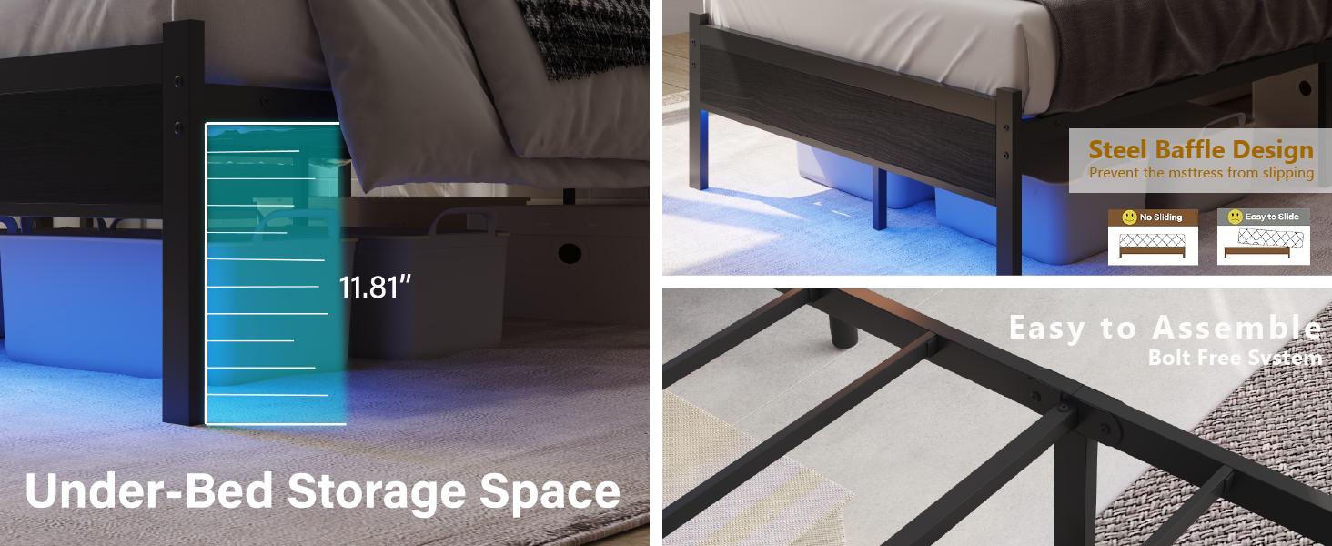 Full Size Bed Frame with Charging Station and LED Lights, Black Upholstered Headboard with 2-Tier Storage Shelves, Metal Bed Frame with Headboard, No Box Spring Needed, Easy Assembly,Black