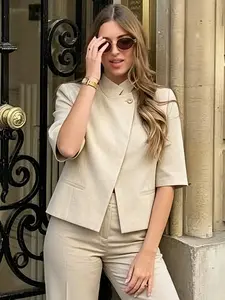 Women's Asymmetric Crop Blazer Short -Sleeved Jacket Fitted 2026 Summer Light Beige Blazers For Woman Elegant Woman Blazer Office Wear Ladies Blazers