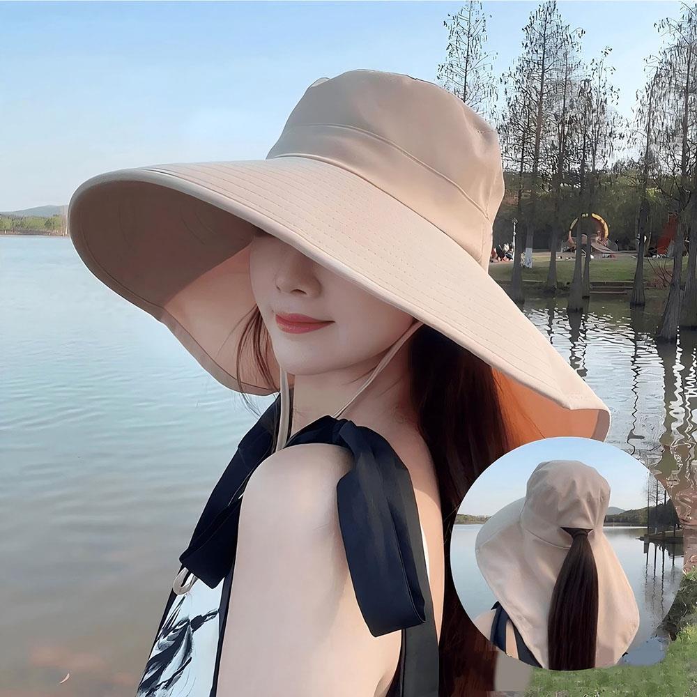 Sunscreen Cap Ponytail Travel Fisherman Hat Wide Brim Sun Hat with Neck Flap Outdoor UV Anti Neck Protection Sun Visors