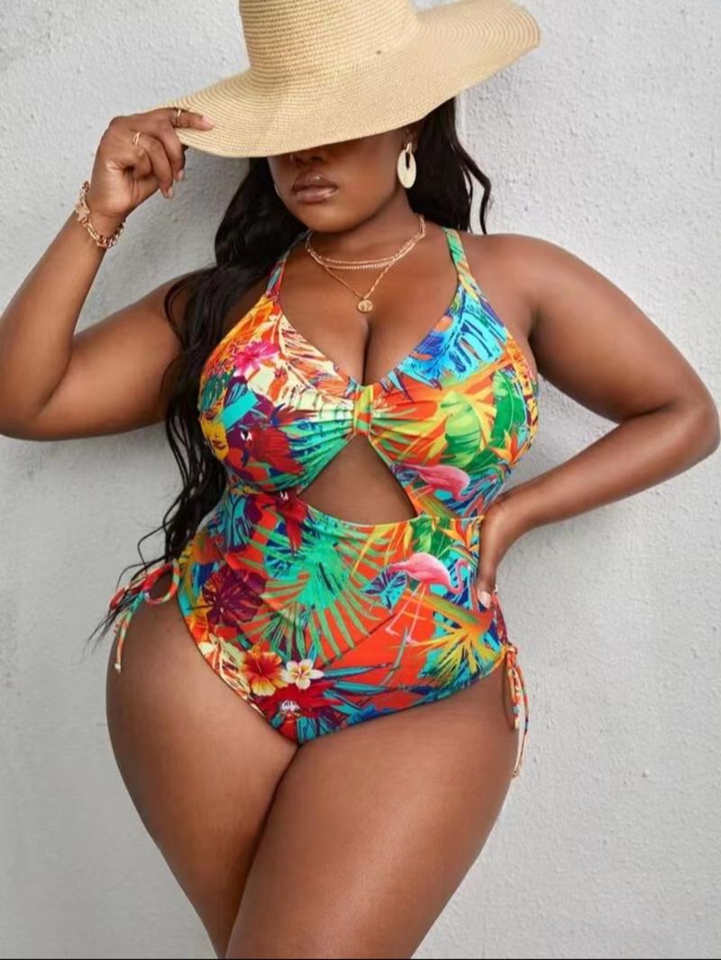 Plus Size Tropical Print Criss Cross Cut Out One-piece Swimsuit, Boho Tie Side Sleeveless Swimwear For Beach Holiday Vacation, Women's Plus Size Swimsuit For Summer, Casual Swimsuit