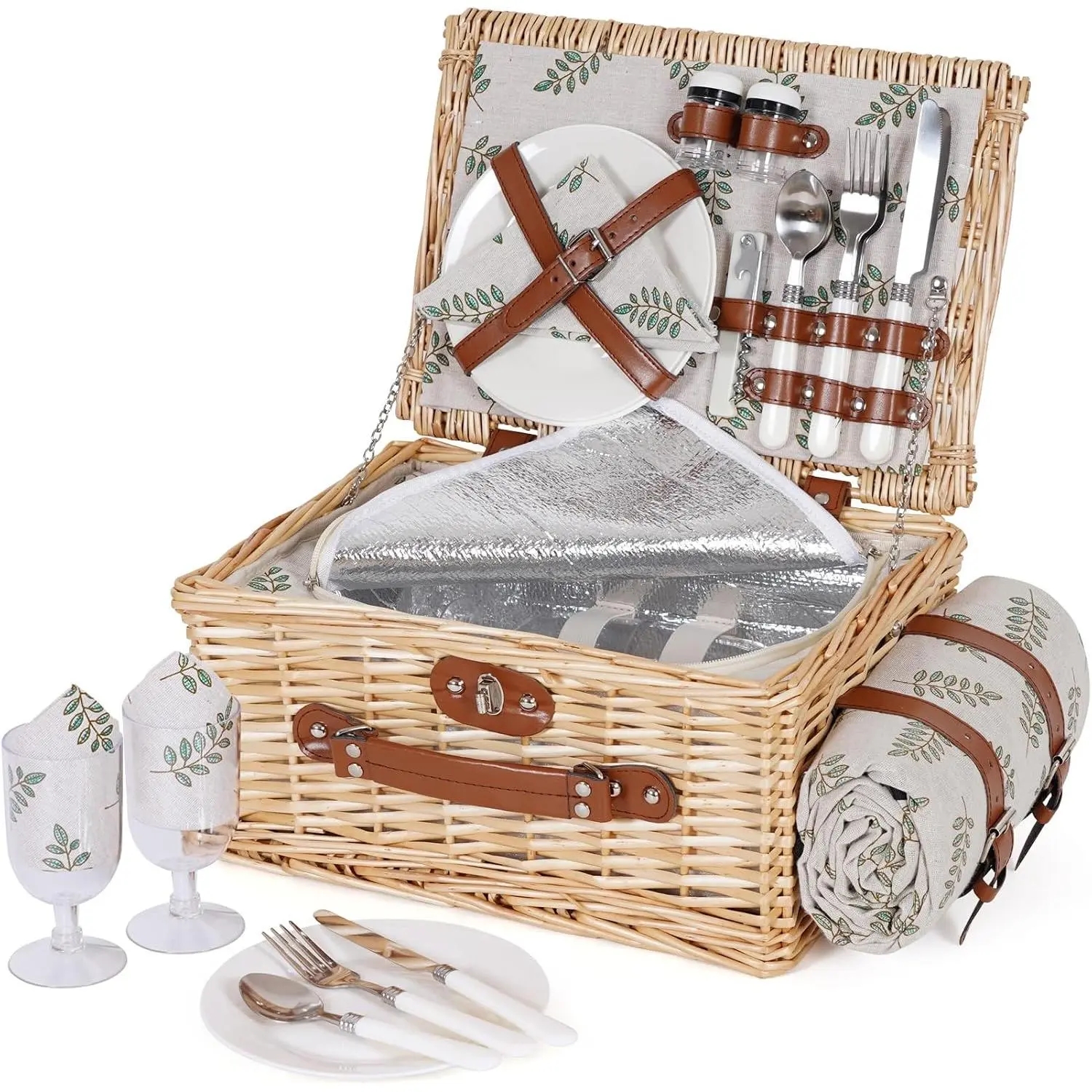 Picnic Basket Set for 2 - Wicker Picnic Basket with Waterproof Blanket & Insulated Liner, Large Handmade Willow Hamper with Cutlery Kit for Outdoor, Picnic, Camping, Party, Holidays (Leaf)
