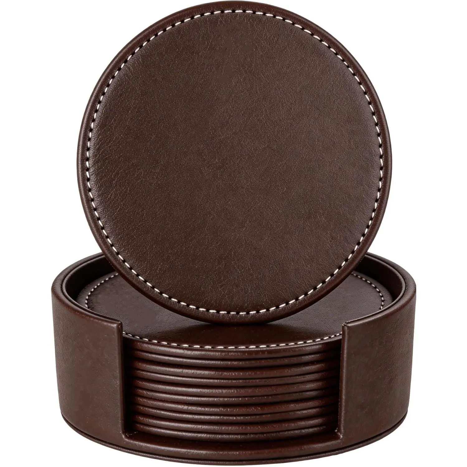 Leather Coasters for Drinks(6 Pack), Handmade Durable Drink Coasters Set with Holder for Tabletop Protection, Luxurious Home Décor and Housewarming Gift (Brown)