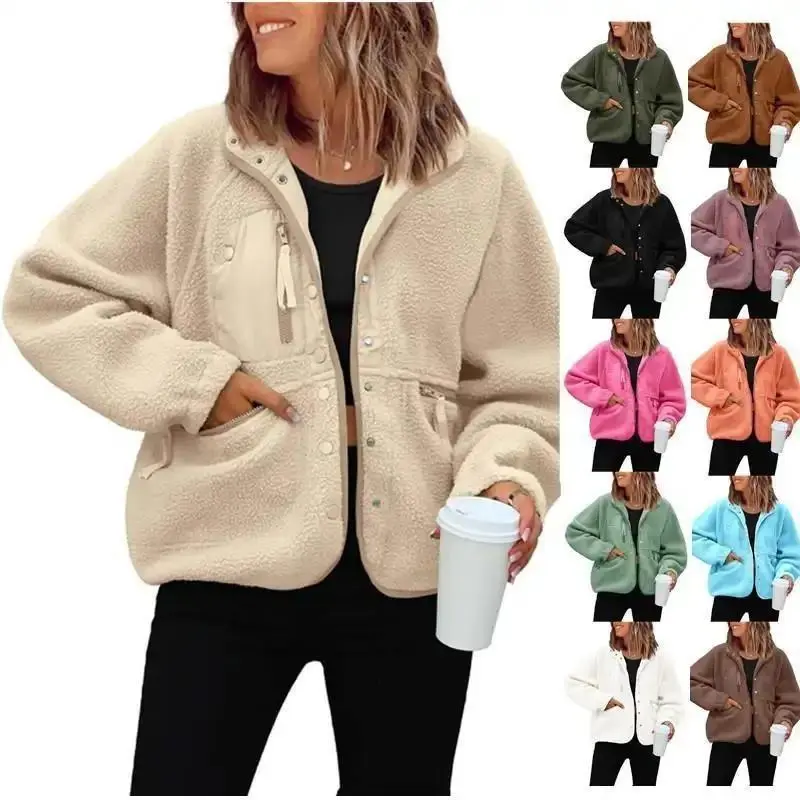 Women 2025 Fall Winter Fleece Jacket Long Sleeve Casual Button Fuzzy Sherpa Cropped Coats Outerwear with Pockets