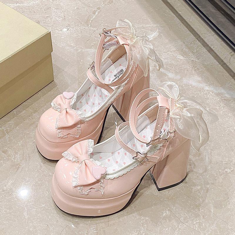 Lolita Shoes Women High Heels Shoes Woman Chunky Sandals Summer Mary Janes PU Leather Shoes Retro Bow Party Platform Pumps