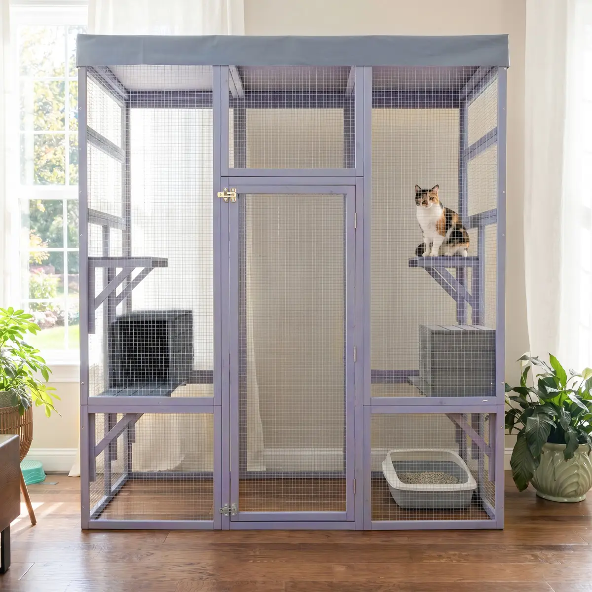 62.6" Wooden Outdoor Catio for Cats, Large Secure Pet Enclosure Kennel with Waterproof Cover, 2 Napping Houses, Platforms & Galvanized Metal Wire Shelter, Outside