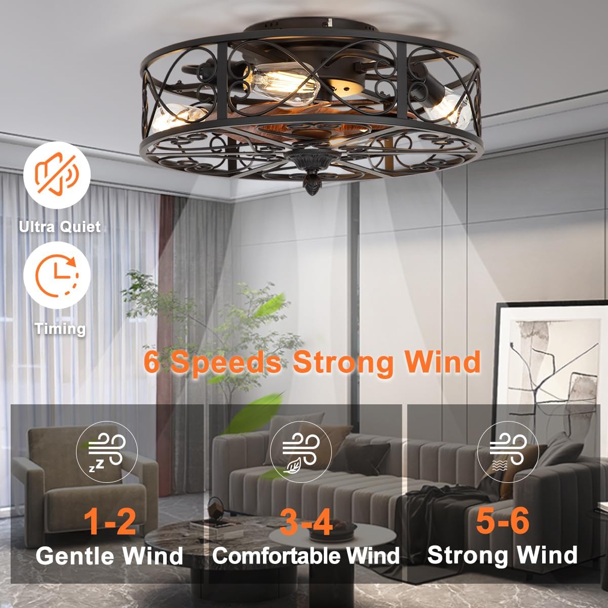 SUNDAY MIRTH Caged Flush Mount Ceiling Fan with Lights, Farmhouse Rustic Bladeless Ceiling Fans with Lights and Remote, Low Profile Small Enclosed Ceiling Fan with Light for Bedroom, Kitchen, Black