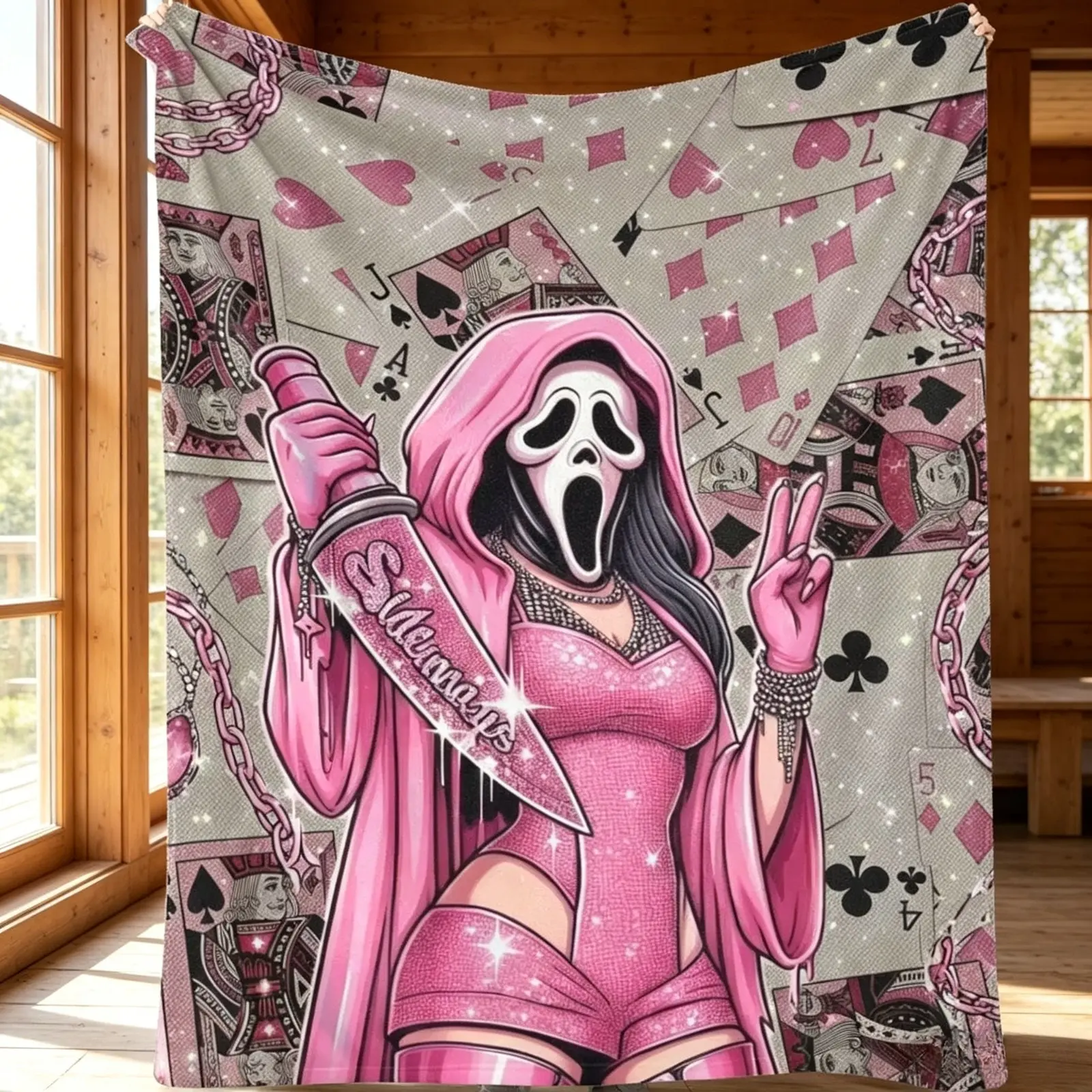Pink Ghost Face Flannel Blanket Horror Mask Playing Card Print Soft Cozy Lightweight AC Throw Blanket Kids Adults Sofa Bed Bedroom Living Room Office Travel Camping Movie Night Home Decor Gift Halloween Party Viral Horror Aesthetic Blanket