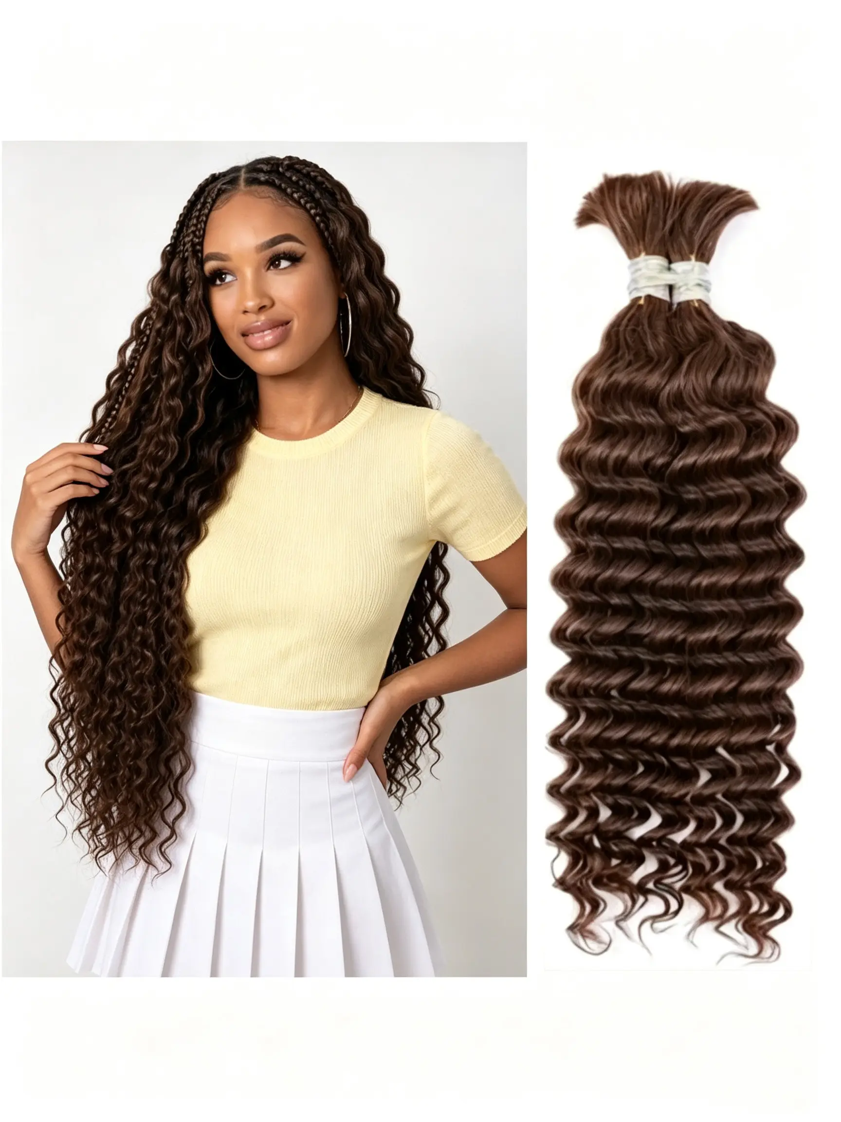 2 Bundles Pack Color 4 Brown Human Braiding Bulk Hair Deep Water Wave Deep Curly No Weft Hair Extensions Multiple Length Options 14 Inch To 28 Inch