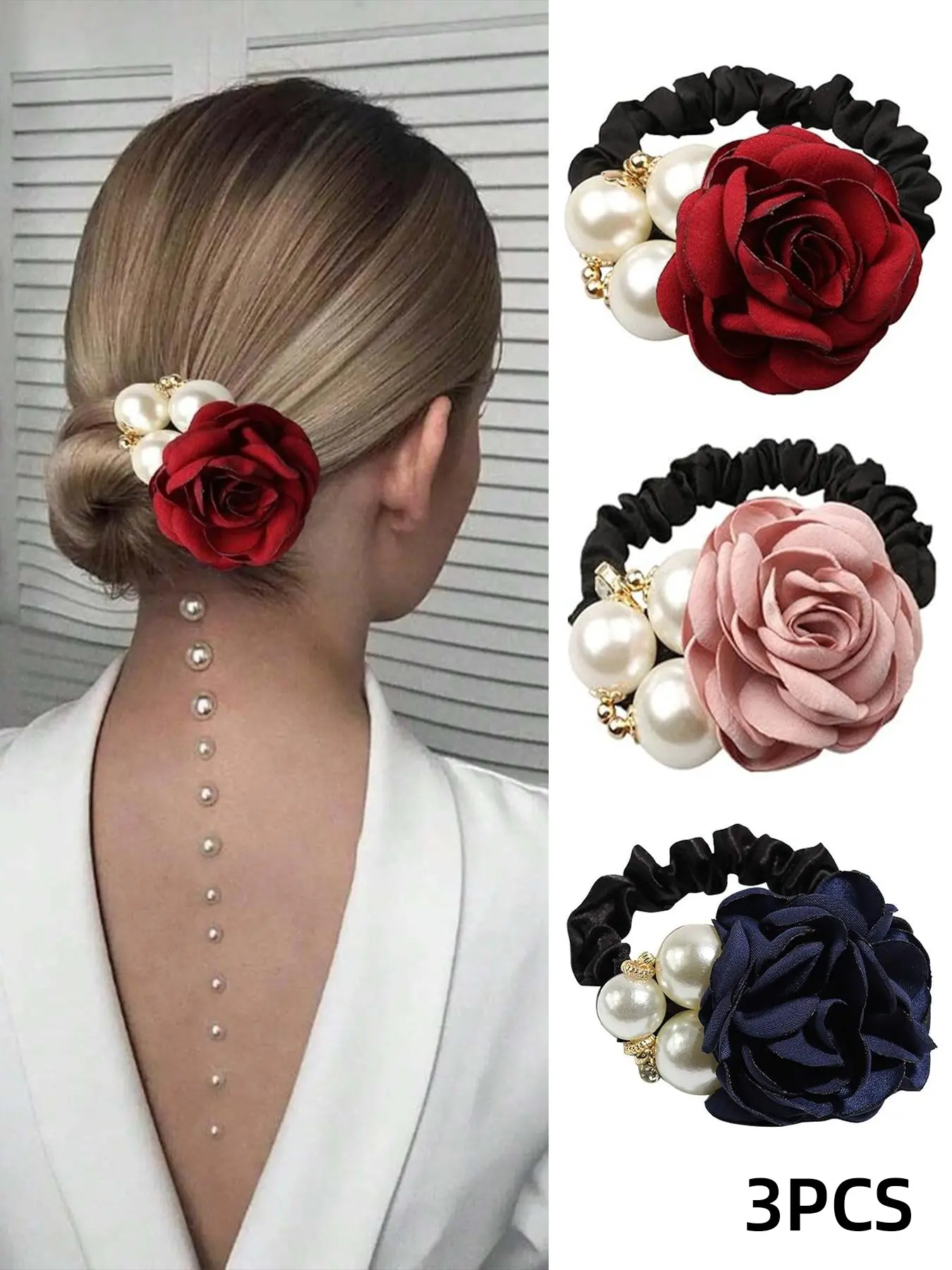 Mother's Day Gift Faux Pearl Decorated Flower Design Hair Tie, Gifts for Her, Elegant Fashionable Wedding Floral Hair Accessories for Women & Girls, Minimalist Rose Bow Headwear Suitable for Thick Hair, Bowknot, Hair Bows