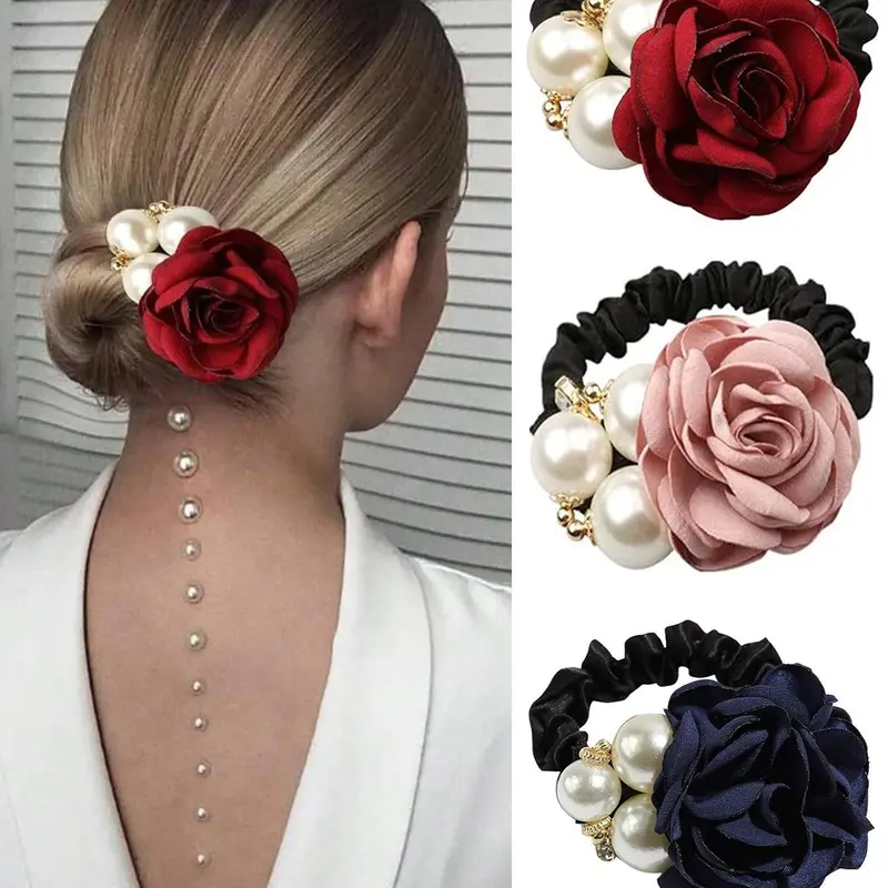 Mother's Day Gift Faux Pearl Decorated Flower Design Hair Tie, Gifts for Her, Elegant Fashionable Wedding for Women & Girls, Minimalist Rose Bow Headwear Suitable for Thick Hair, Bowknot, Hair Bows, Decorative Hair Accessories