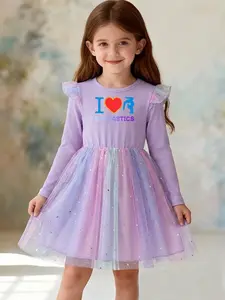 Girls' Dress, Fashion Long Sleeve Princess Dress, Star Moon Gradient Mesh, I love the gymnastics print, Girl's Gift , Perfect  for spring, autumn, and winter, back-to-school, Christmas, birthday parties, vacations, daily wear