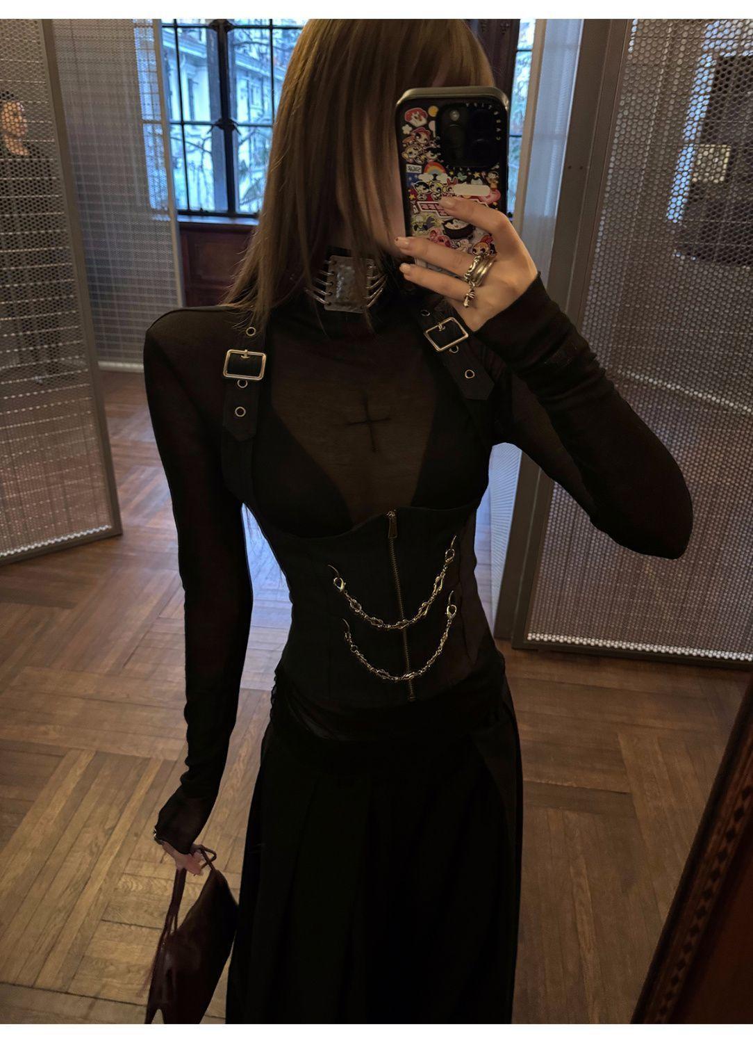 Autumn Gothic Spicy Girl Elegant Shirts Women  Zipper Design Vest + Retro Harajuku Blouse Female Chic Korean Popular Clothes