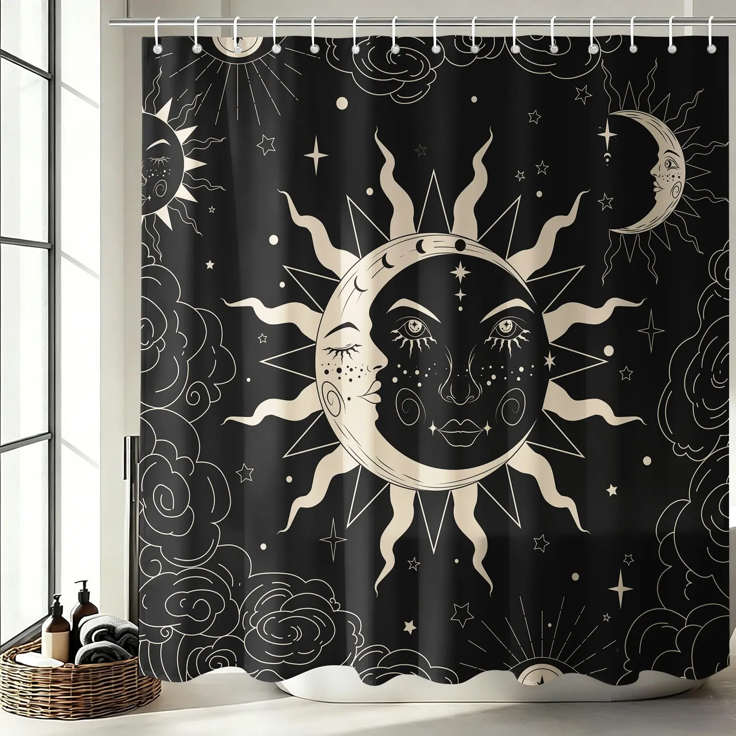 1Pc Boho Sun Moon Celestial Shower Curtain, Shower Stall Curtain, Black Gold Astrology Star Aesthetic Bathroom Decor, Waterproof Fabric Bath Curtain with Hooks, Quick Dry Machine Washable Mystical Fabric Bath Accessory