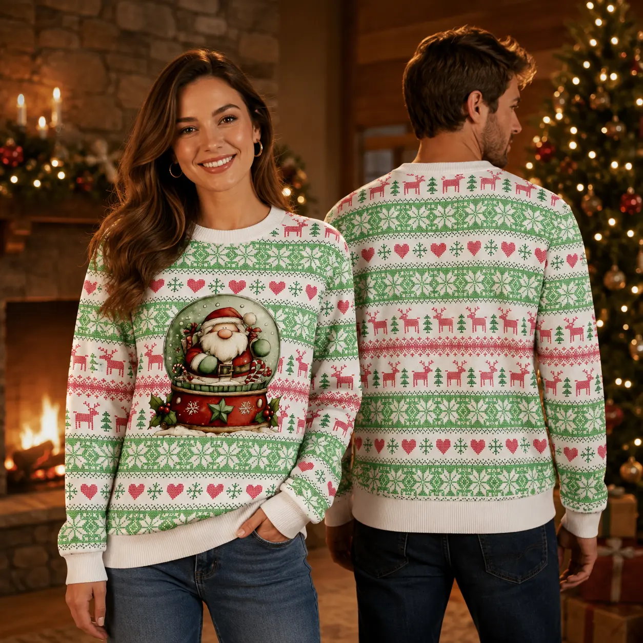 Christmas Ugly Sweater Sweatshirt for Men Women, Santa Claus Graphic Crewneck Pullover, Holiday Nordic Fair Isle Pattern Sweater with Christmas Tree Reindeer Snowflake Design, Funny Xmas Party Outfit, Family Matching Christmas Clothing Gift Top for Winter