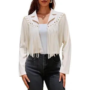 Fringe Faux Suede Leather Jackets Fashion Fall Western Tassel Cropped Open Front Coats with Rivets