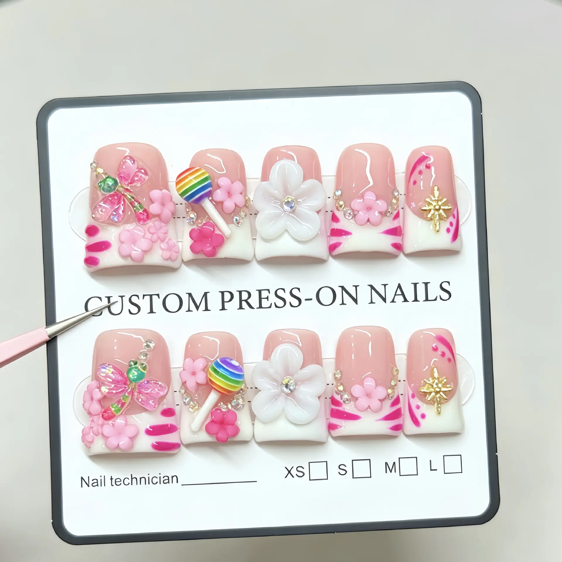 Atelier Handmade Kawaii Coquette Duck Press On Nails 3D Dragonfly Rainbow Lollipop Flower Star Rhinestone Charms Nude Pink White French Tip Glossy Y2K Sweet Reusable False Nails For Picnic Festival Daily Dating