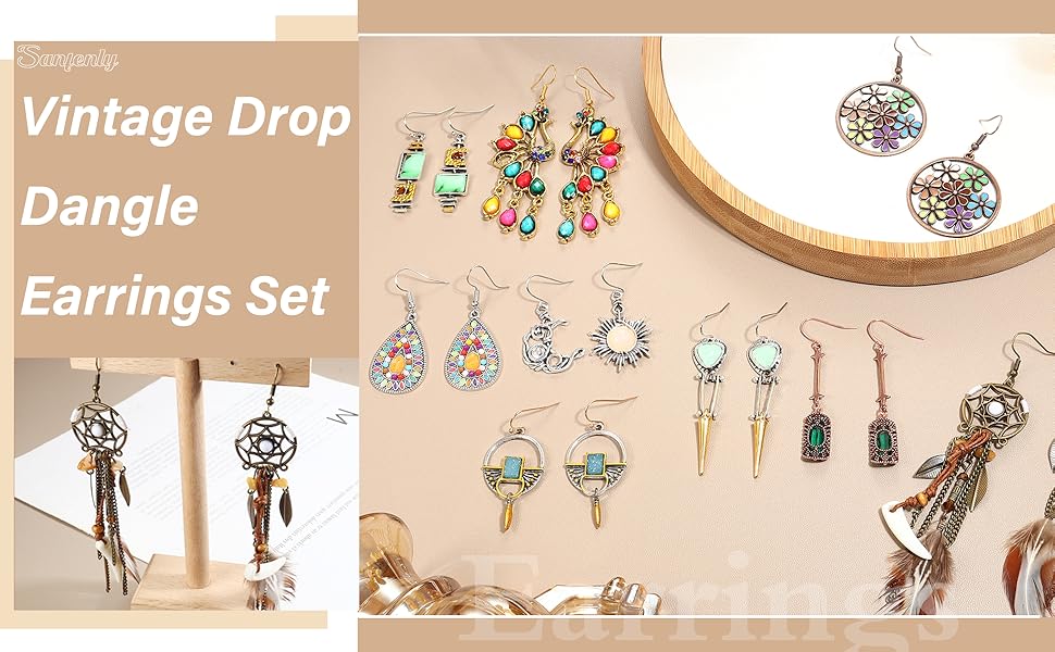 Sanfenly 9 Pairs Bohemian Earrings Retro Rhinestone Earrings Sun and Moon Earrings Boho Jewelry Vintage Dangle Drop Earrings Set for Women
