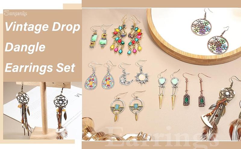 Sanfenly 9 Pairs Bohemian Earrings Retro Rhinestone Earrings Sun and Moon Earrings Boho Jewelry Vintage Dangle Drop Earrings Set for Women