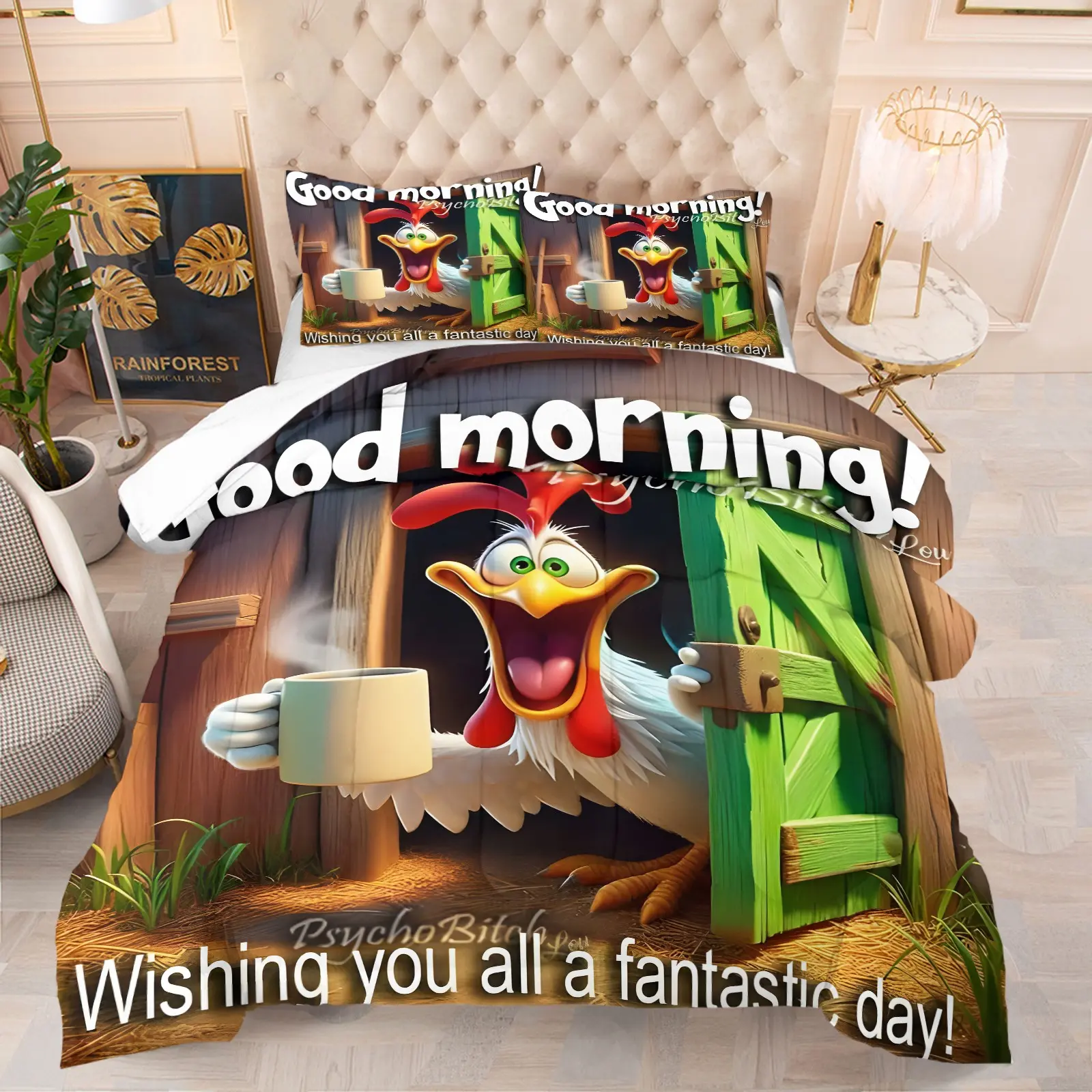 2/3 Pcs Cute Cartoon Animal Bedding Set, Monkey, Rooster, Donkey, Good Morning Prints Comforter Set(Includes 1 Quilt + 1 Or 2 Pillowcases); Perfect for Holiday Gifts and Fun Decor for Children'S or Teen Bedrooms (Multiple Patterns Available).