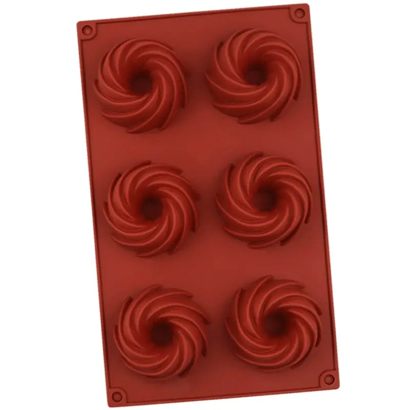 Creative donut, 6-cavity spiral DIY silicone cake mold, ideal for making cakes, breads, jellies, and baked goods. Non-stick mold