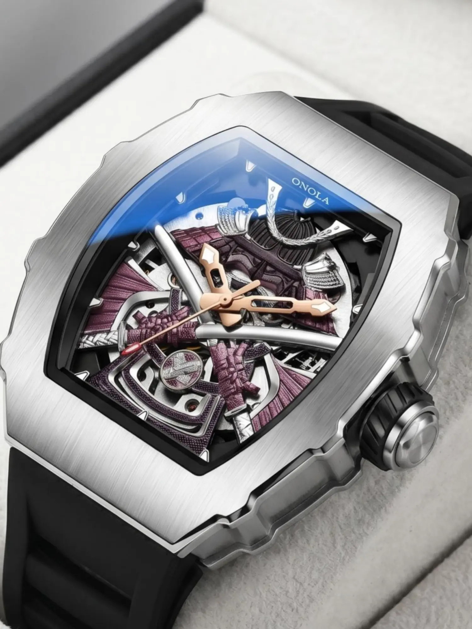 ONOLA Brand Men Mechanical Watch, Luxury Fashion Business Wristwatch, Men Wrist Watch Automatic Hand Watch Tonneau Skeleton Dial Rubber Strap Luxury Sport Male Wristwatch Unique Samurai Pattern Daily Commute Trendy Gift For Mens
