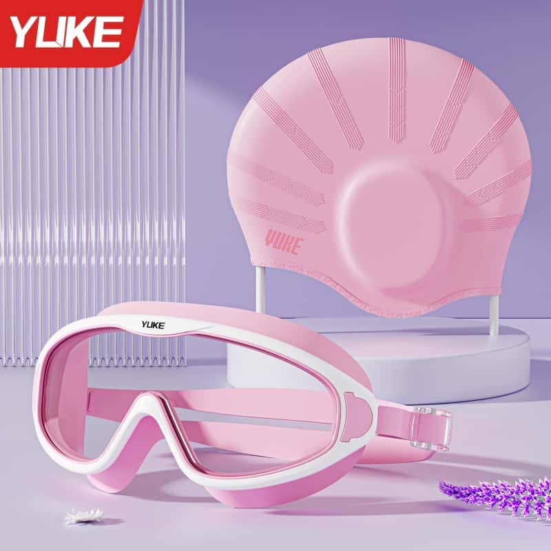 2-piece swim cap and goggles set designed to protect your ears and fit long hair perfectly