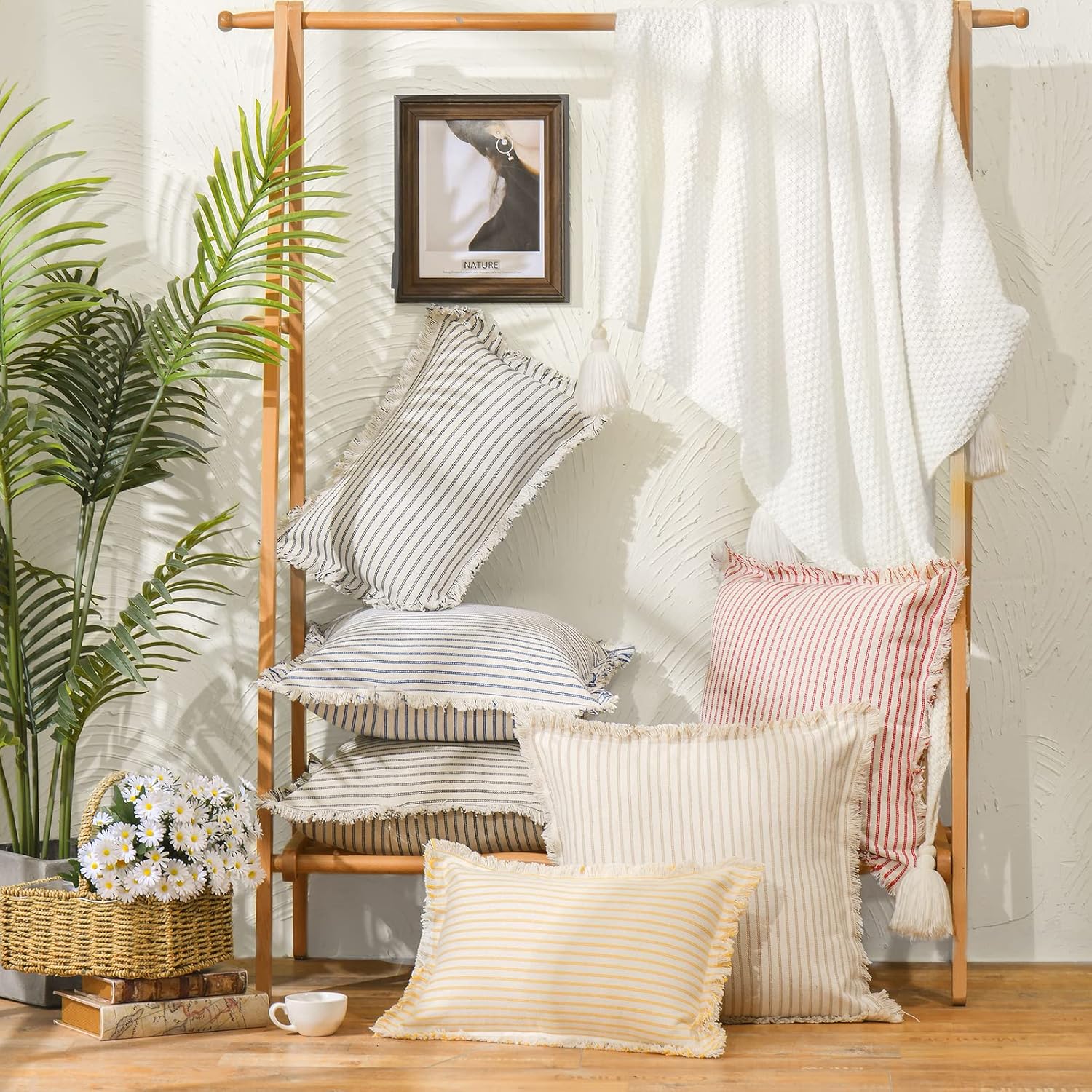 2PCS Throw Pillow Covers, Striped Pillowcase and Tassel Decoration Pillow Square Cushion Cover, Polyester Fabric, Sofa Sofa Bed Living Room Farmhouse Decoration