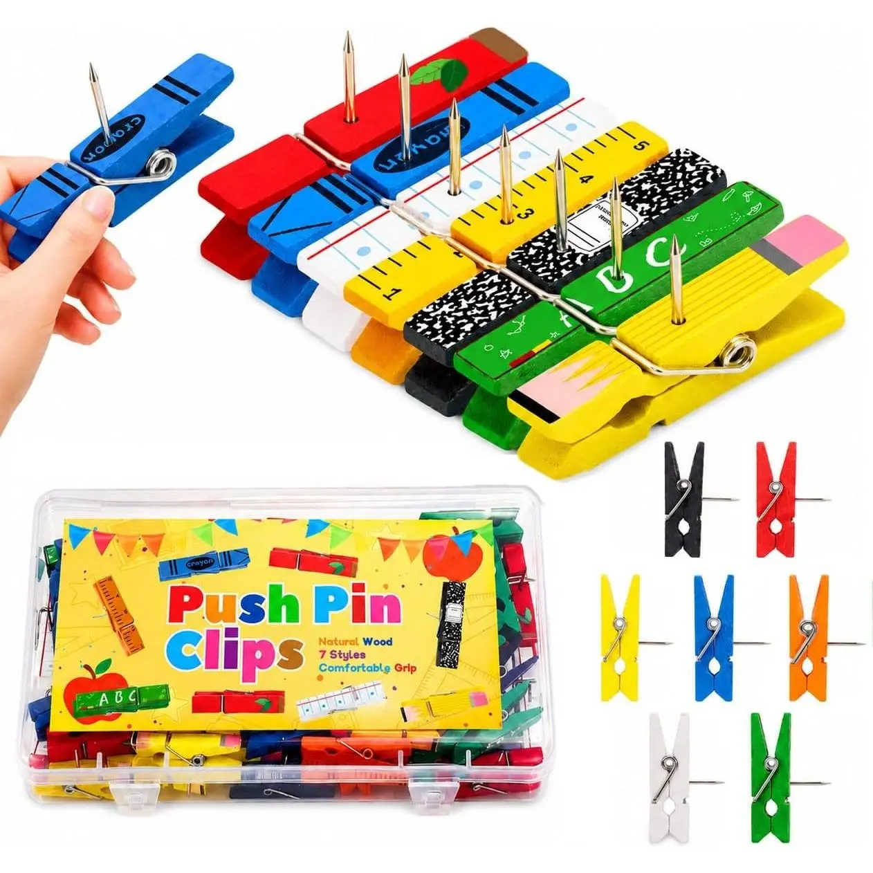 49 Pcs Cute Push Pins for Bulletin Board, 7 Color Crayon Pencil Clothespin Thumb Tacks, Back to School Classroom Cork Board Wall Office Desk Decor Teacher Gift