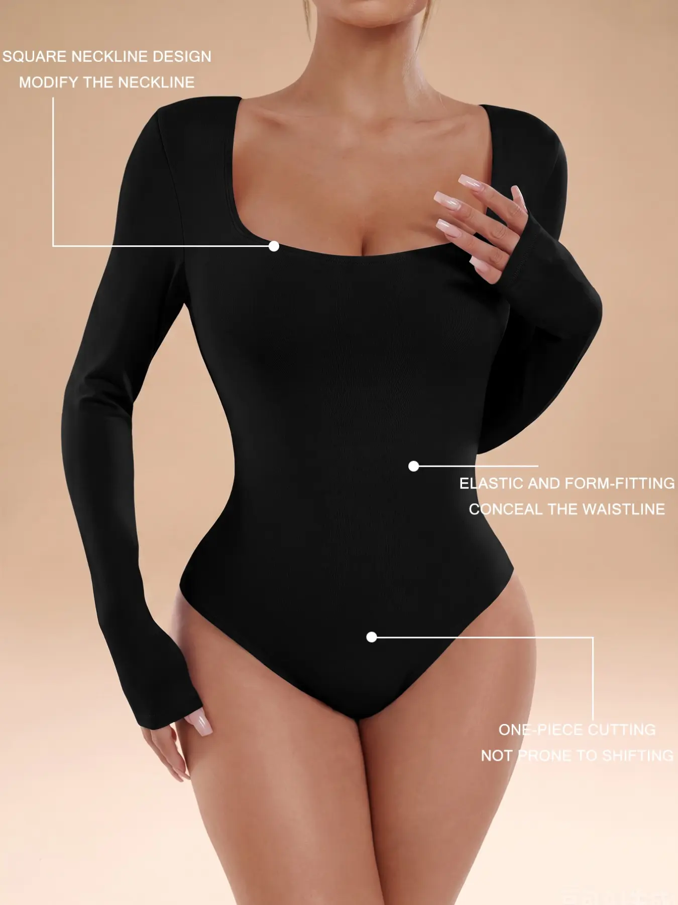 Women's Square Neck Long Sleeve Bodysuit Elastic Form Fitting Tummy Control Tops One-Piece Seamless Shaping Leotard Shapewear