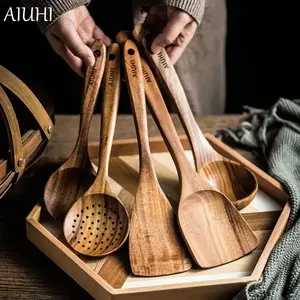 AIUHI 3-piece set - 202g/5-piece set - 345g wooden kitchen utensils, wooden spoons, cooking and serving tools, non-stick pan kitchen spoons