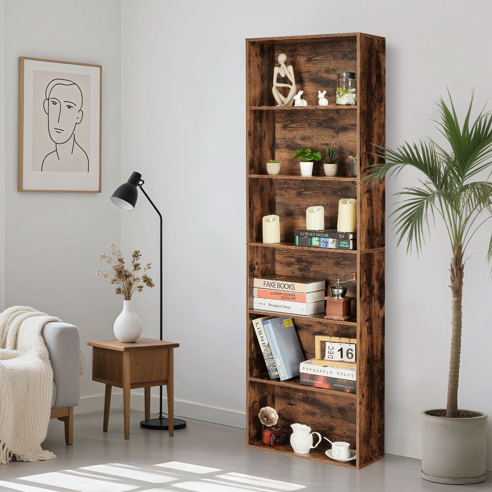 Modern 6-Tier Tall Wood Bookcase – Freestanding Industrial Bookshelf with Open Storage, Space-Saving Slim Design, Easy Assembly – Ideal for Home Office, Living Room, Bedroom, Library – Rustic Brown