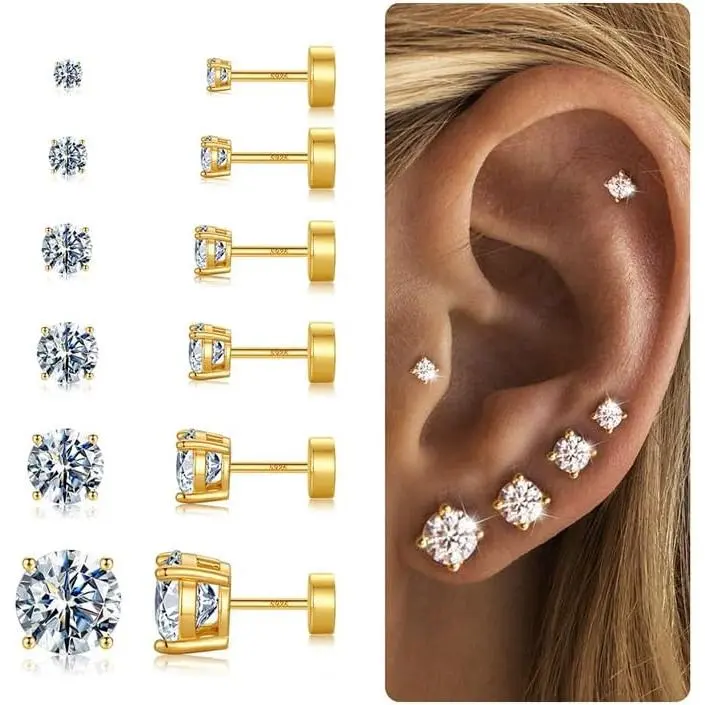 6 Pairs  -Plated Flat  Earrings for Women,Stud Cartilage Earrings for  Ears Cubic Zirconia Ball Earring Screw  Helix Conch  Sets Trendy  Gifts