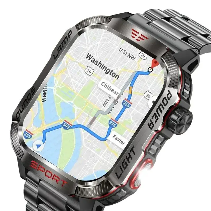 Men's New Military fashion Smart Watch - Wearable Device with GPS Wireless Tracking, Flashlight, Compass, IP67 Waterproof, step monitoring , Outdoor Sport fitness Use, Heart Rate blood oxygen Tracker, Bluetooth Call, High-Res Touchscreen, Charging Support
