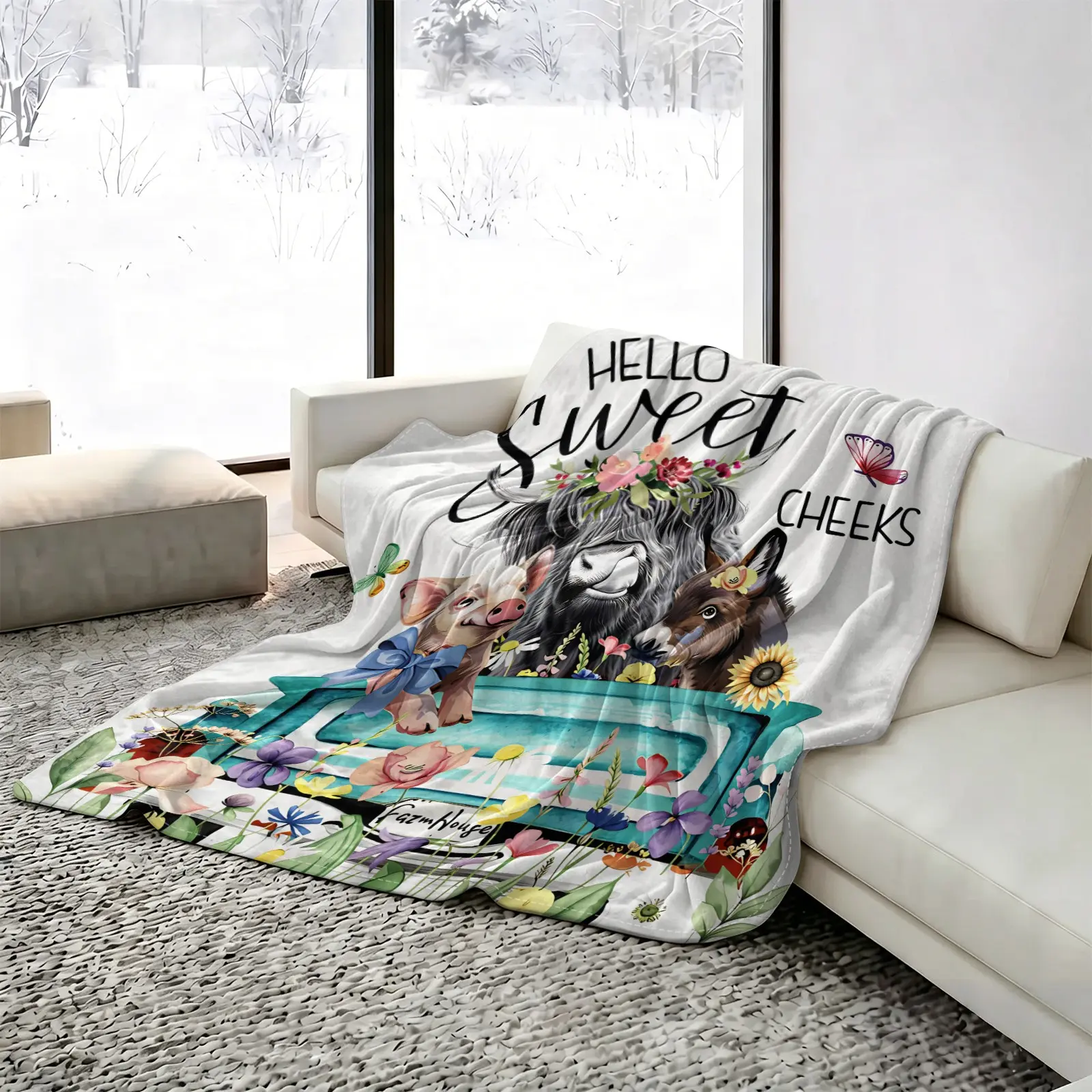 Funny Farm Animal Truck "Hello Sweet Cheeks" Summer Cooling Blanket, Highland Cow Pig Donkey Floral Throw Blanket, Lightweight Cozy Flannel Blanket for Couch Bed, Novelty Farmhouse Decor Gift