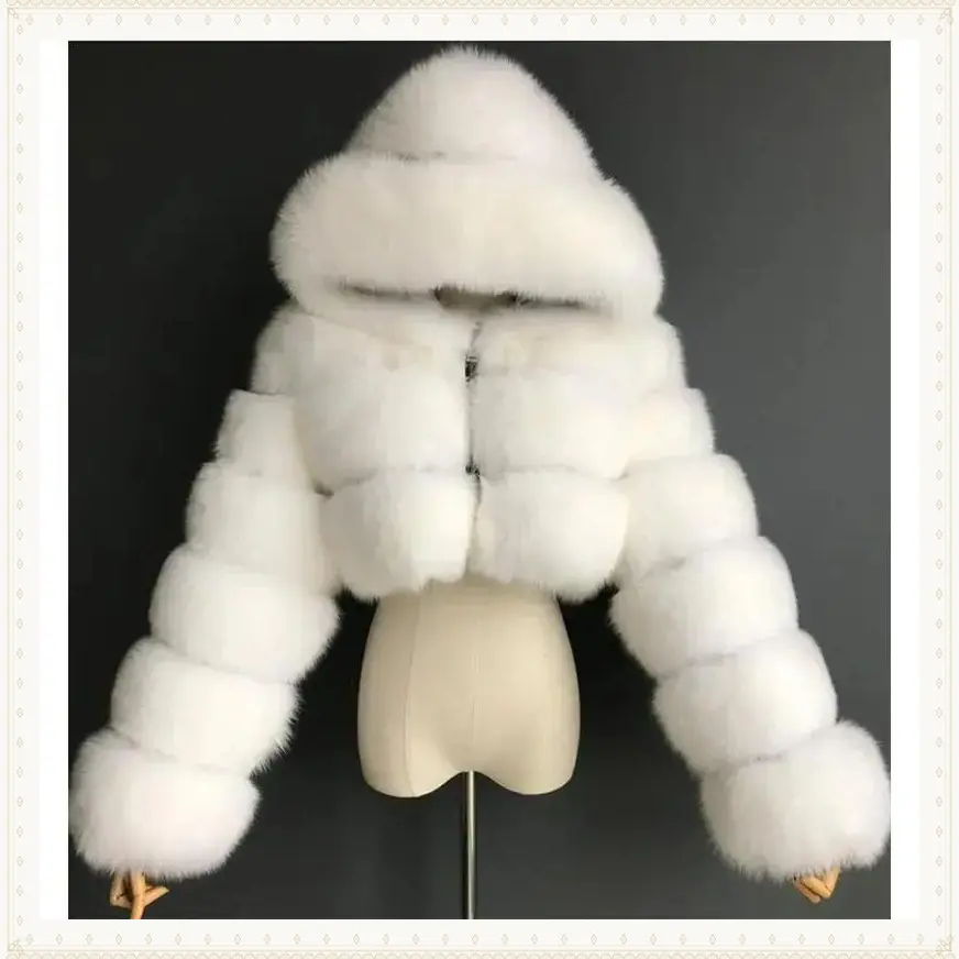 High Quality Furry Cropped Faux Fur Coats and Jackets Women Fluffy Top Coat With Hooded Winter Fur Jacket Manteau Femme